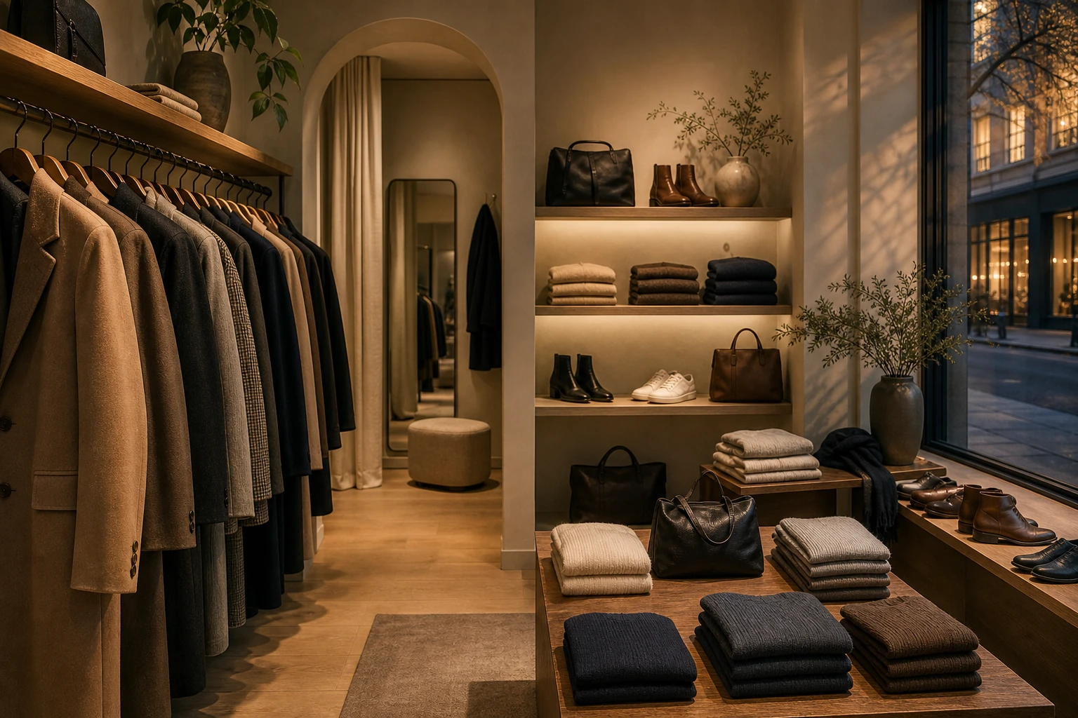 Outerwear rail with wool coats and jackets in soft editorial light