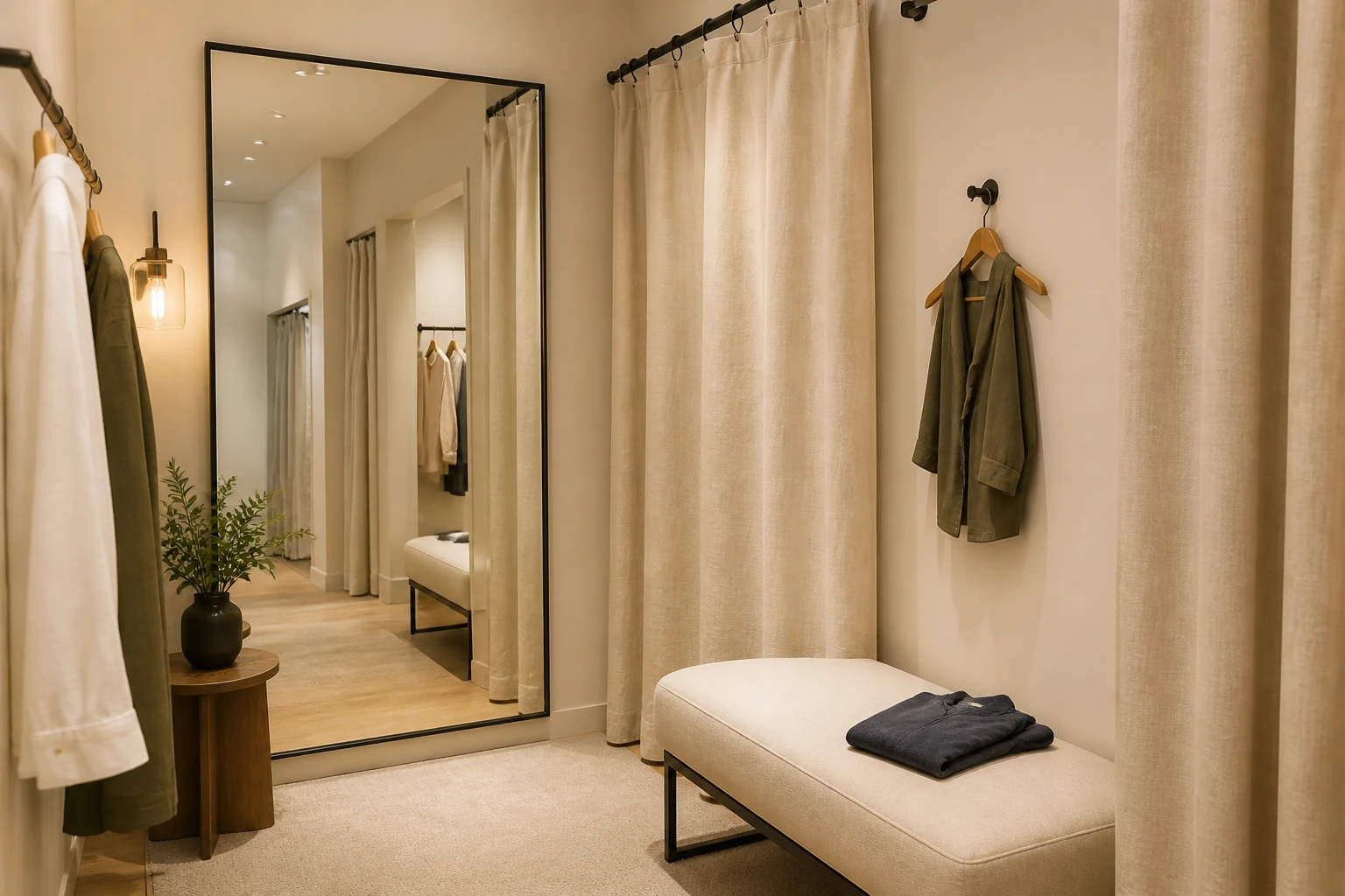 Fitting room with linen curtain neutral mirror and calm boutique lighting