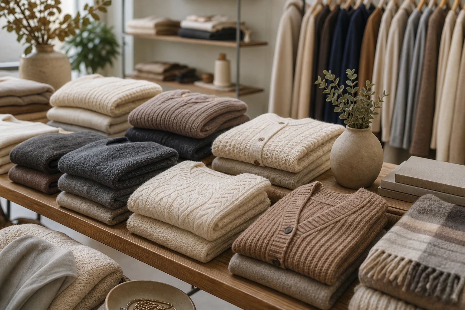 Folded knitwear table arranged in a calm editorial boutique palette