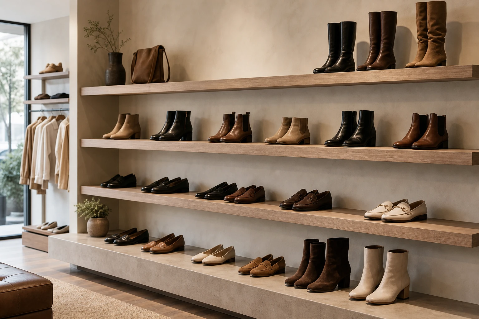 Footwear wall with boots loafers and minimal display styling
