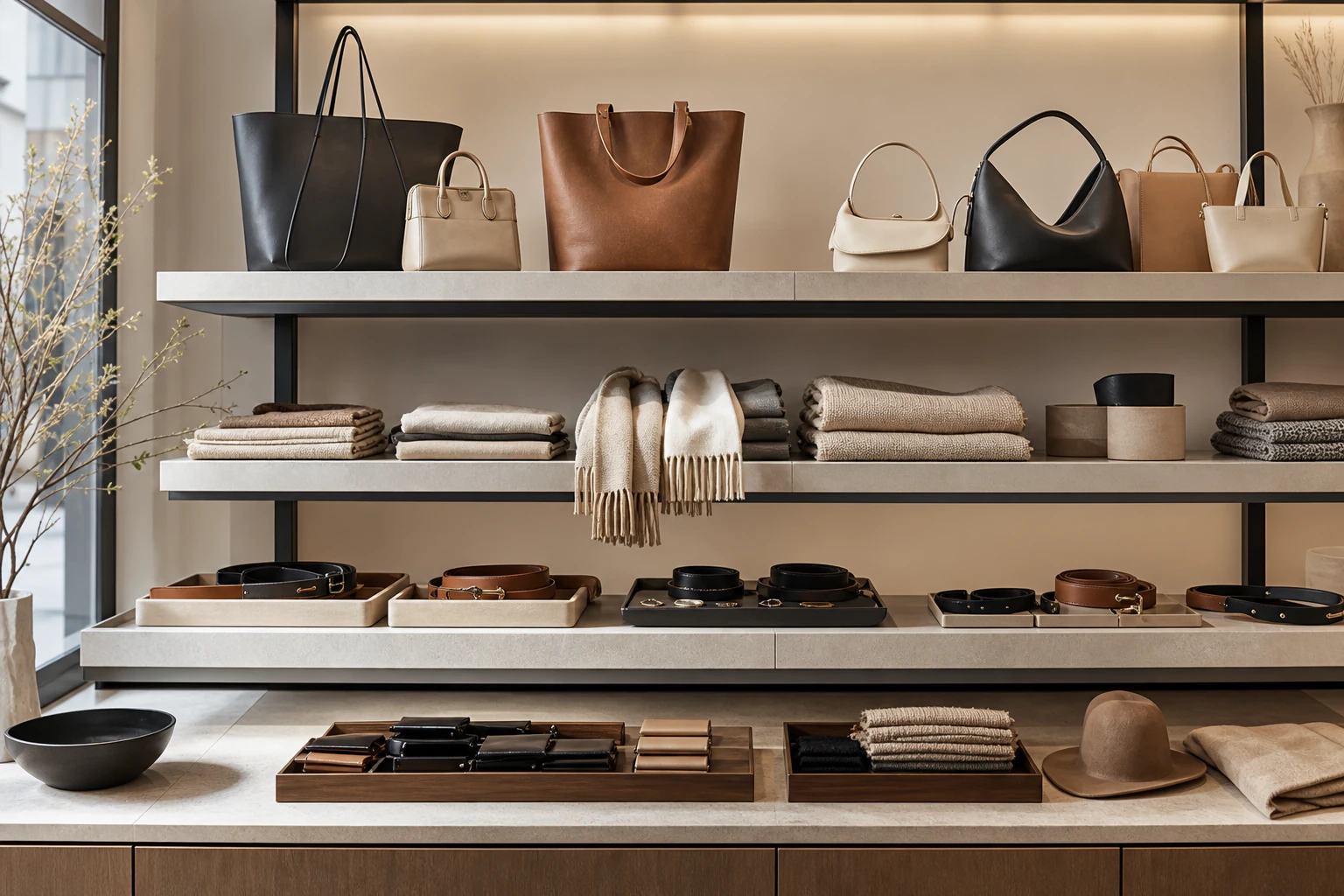 Shelf with bags scarves and small accessories in a neutral boutique scene