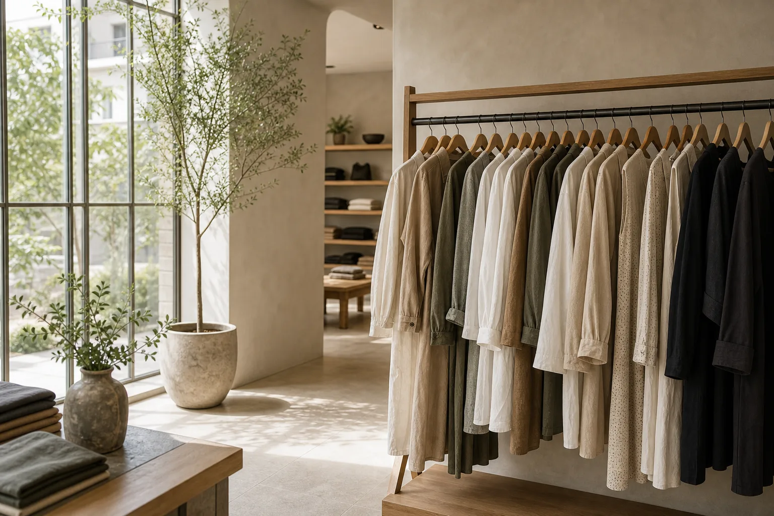 Tailoring rack with blazers trousers and quiet boutique depth