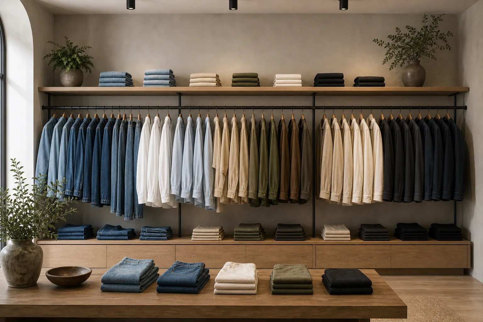 Boutique checkout desk with soft packaging and folded garments nearby
