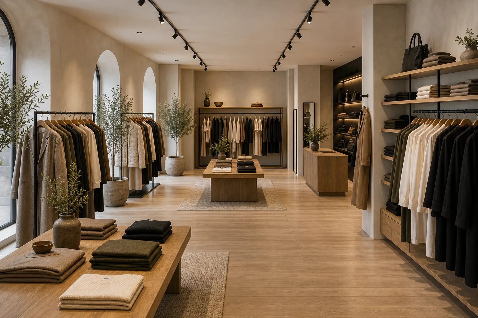 Evening window display with curated garments and warm storefront light